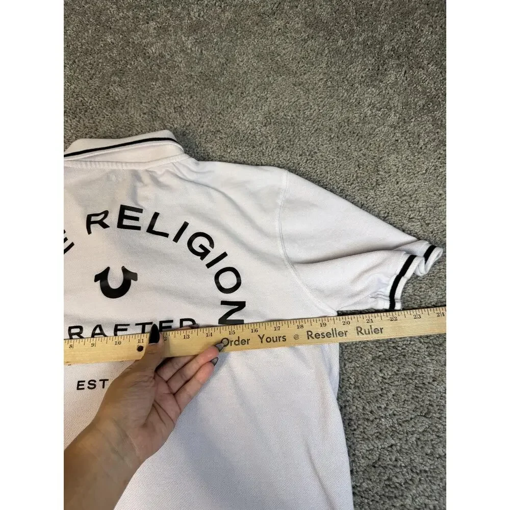 True Religion Polo Shirt Mens M White Pink Short Sleeve 100% Cotton Collared